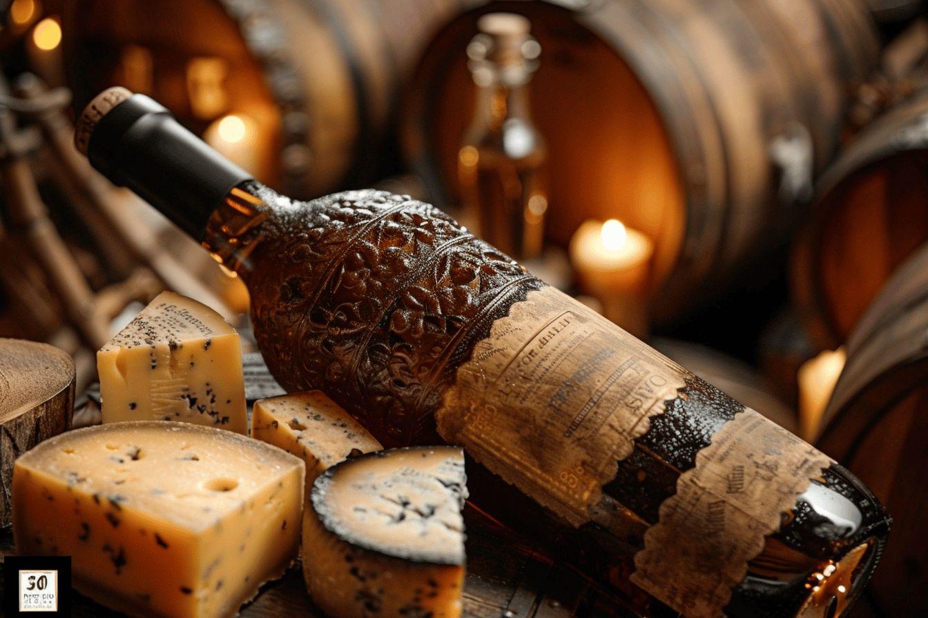 Bouteille de vin avec motifs, fromages artisanaux sur un plateau en bois