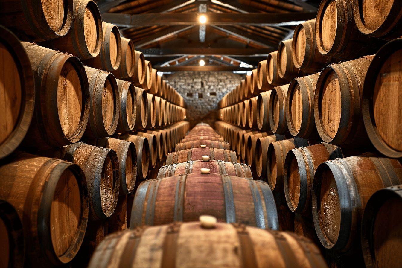 Rangées de barriques en bois empilées dans une cave de vinification