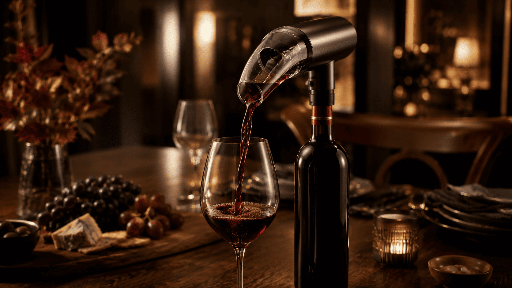 Aérateur de vin connecté Aveine dans un verre de rouge