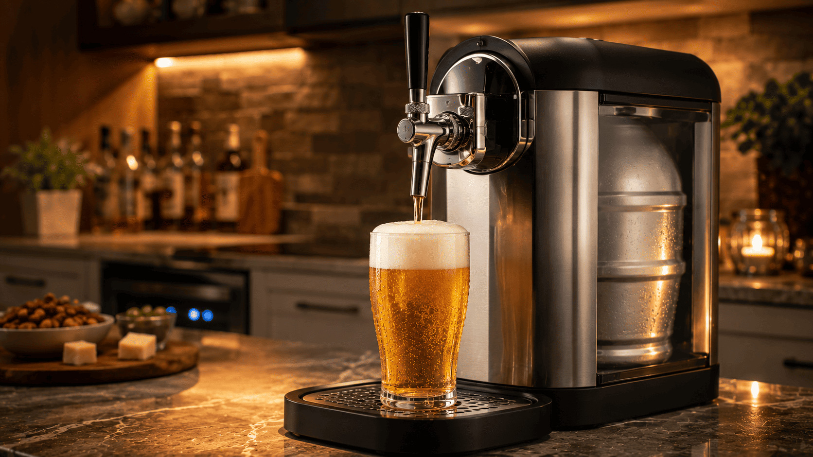 Distributeur de bière réfrigérant avec verre de mousse dorée