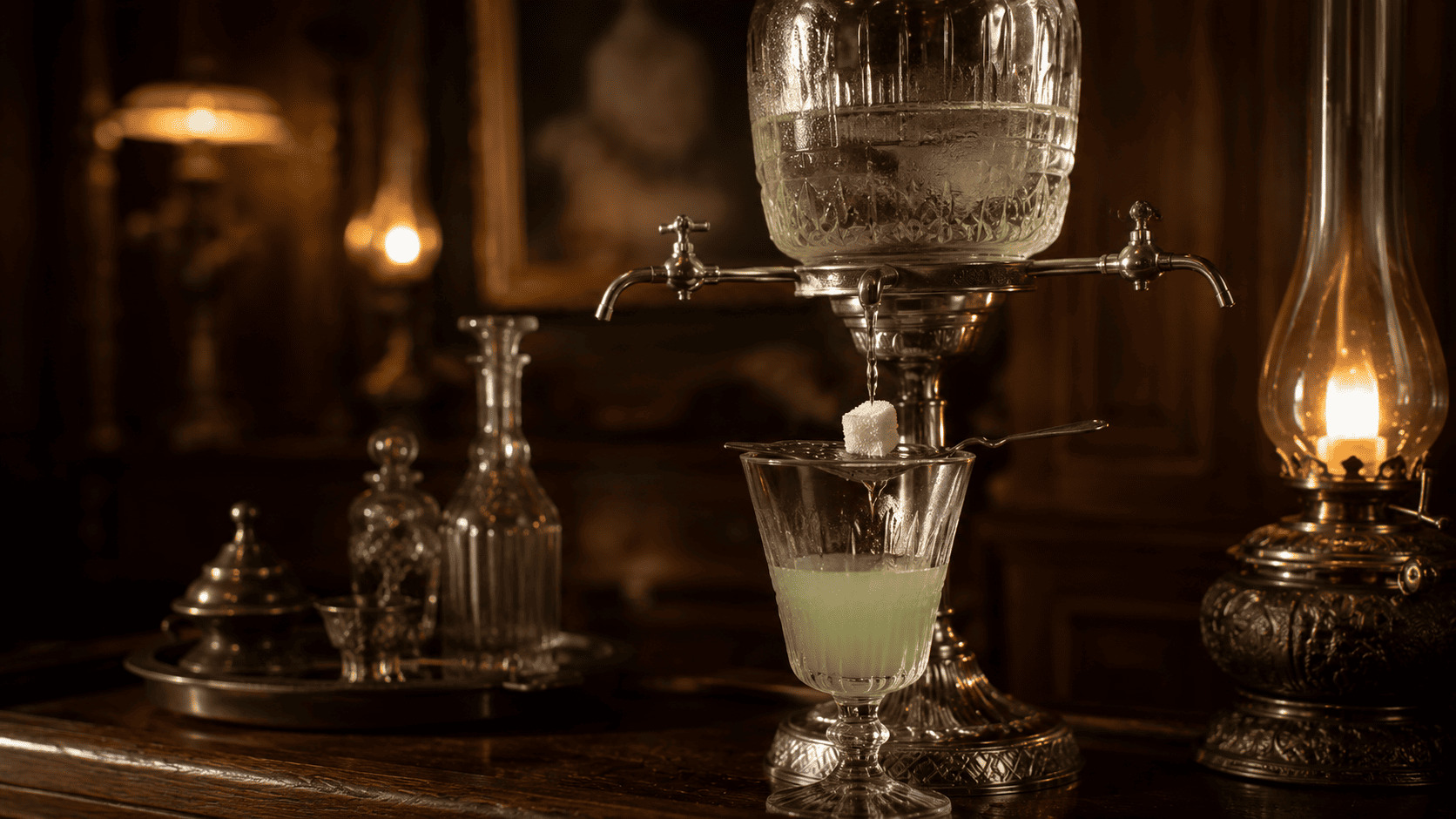 Fontaine à absinthe traditionnelle avec verre et sucre