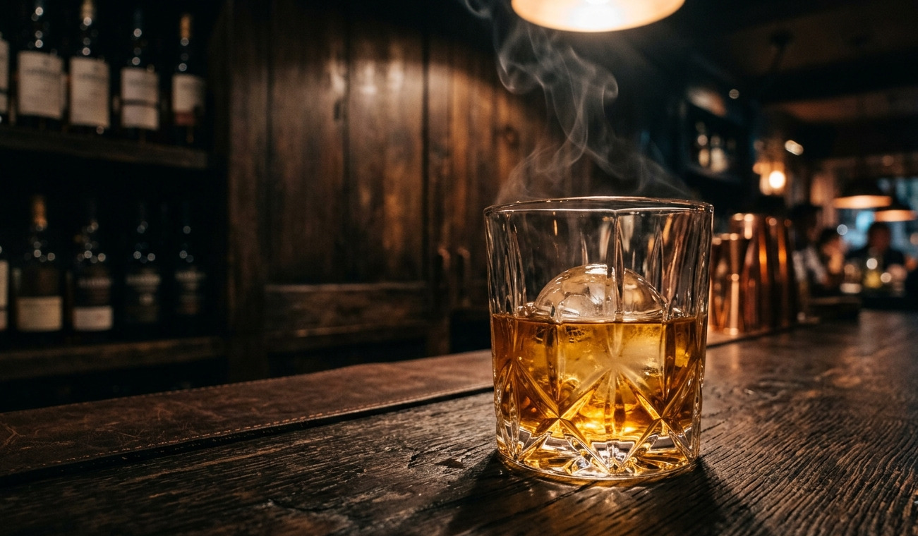 Verre de whisky tourbé ambré sur fond de bois sombre