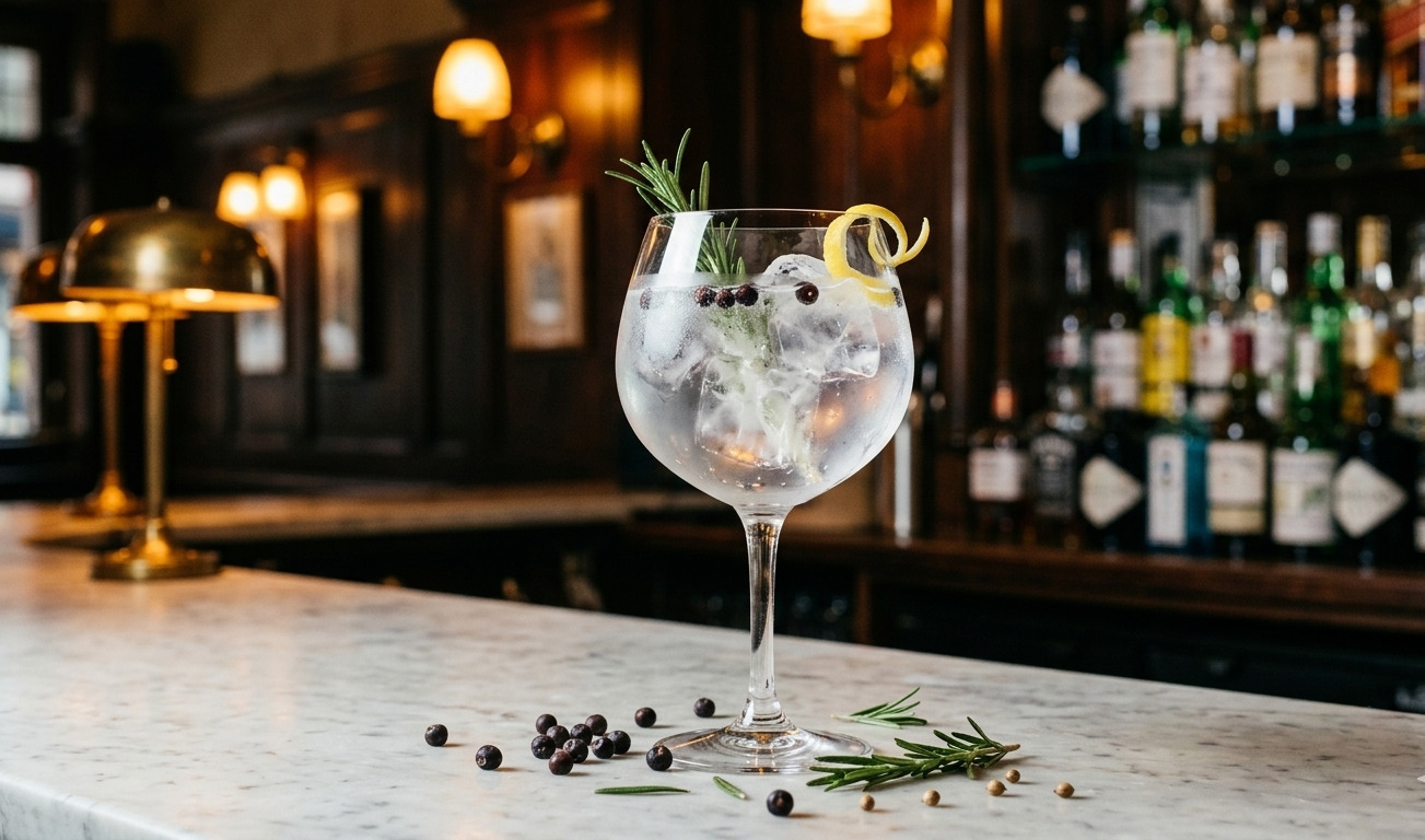 Verre ballon de gin tonic avec genièvre et romarin