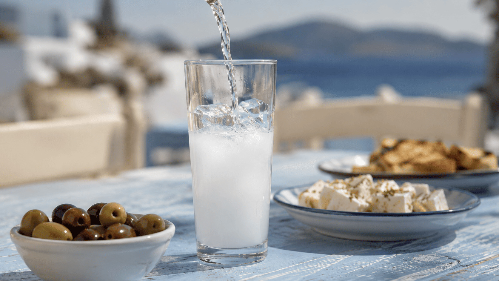 Verre d'ouzo grec anisé avec glaçons et olives