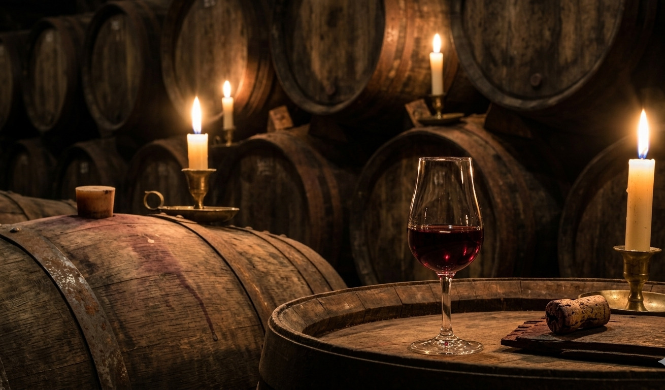 Verre de porto ruby dans une cave en bois sombre