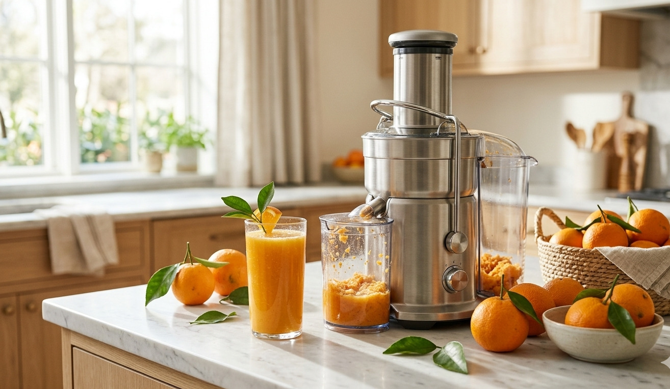 Centrifugeuse moderne et verre de jus d'orange frais