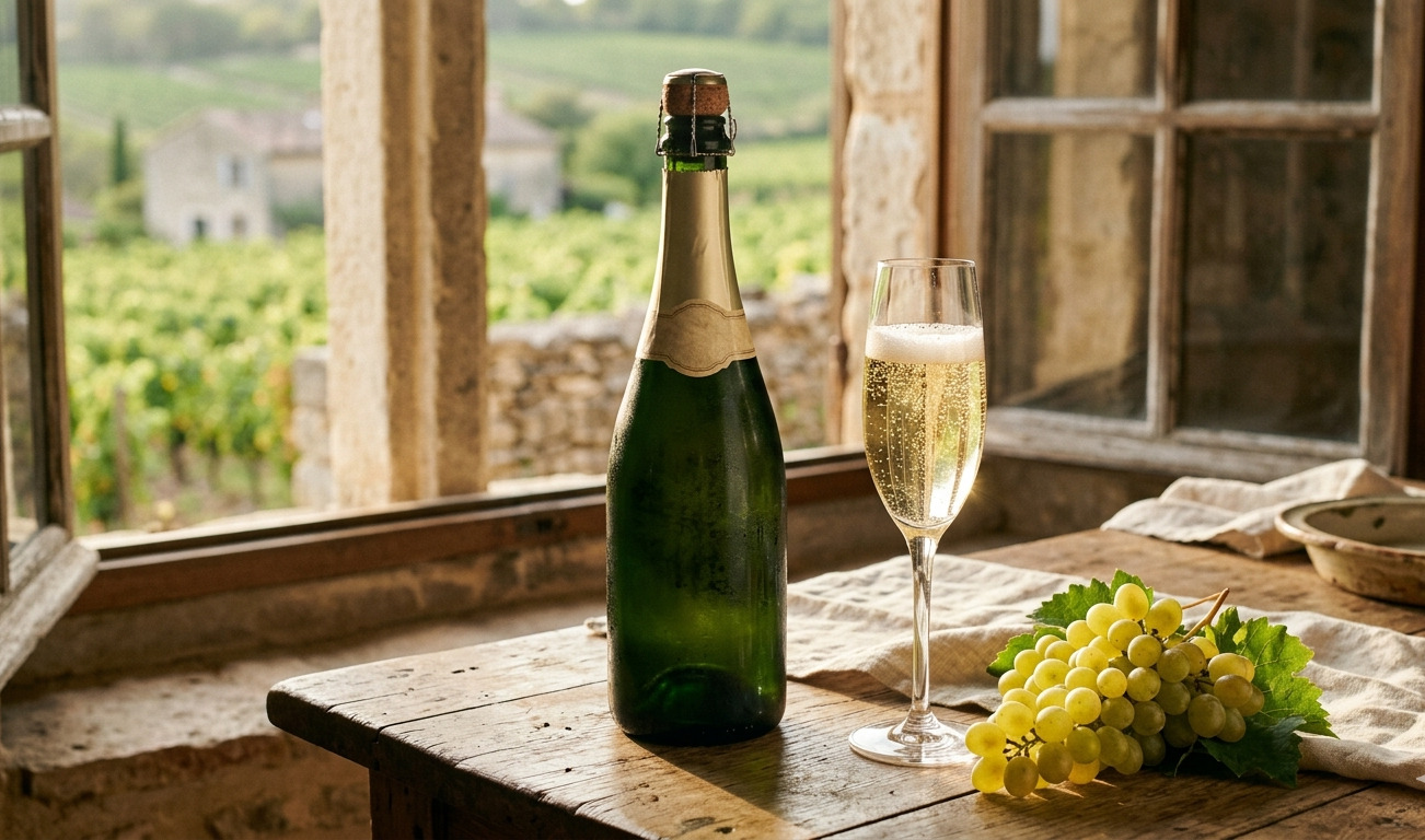 Bouteille de clairette de Die et grappe de raisin muscat