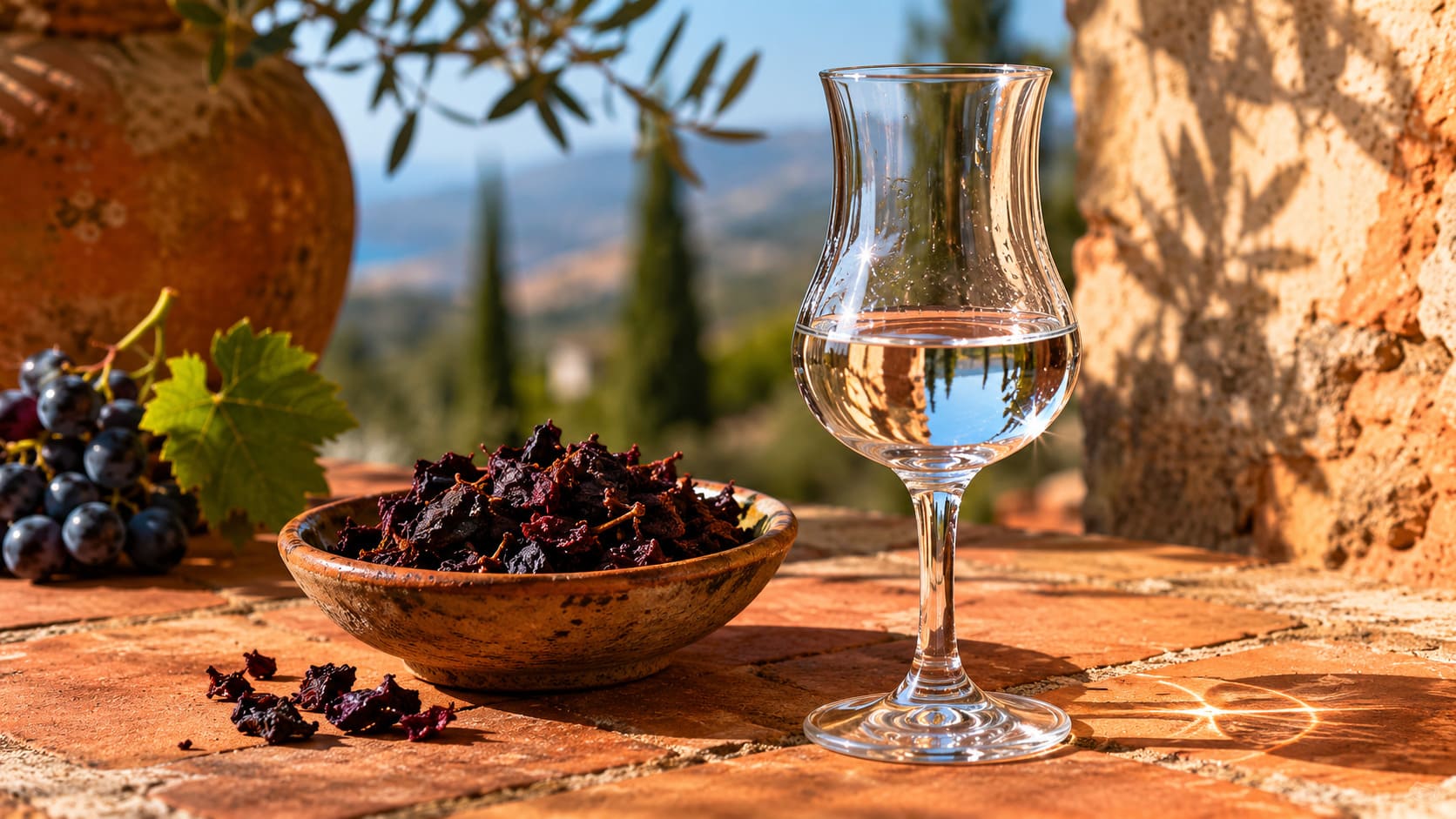 Verre tulipe de grappa italienne sur terre cuite