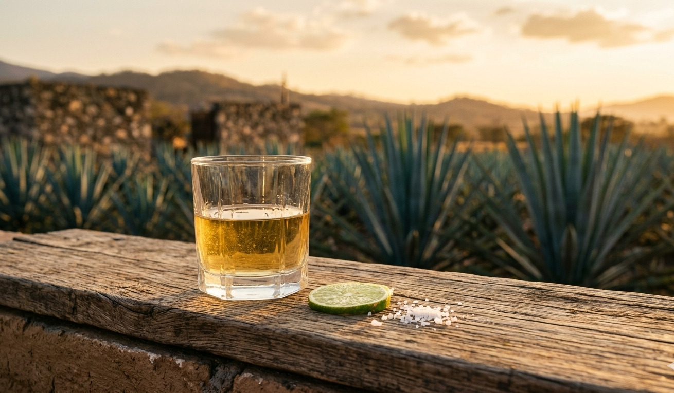 Verre de tequila reposado avec citron vert et agave