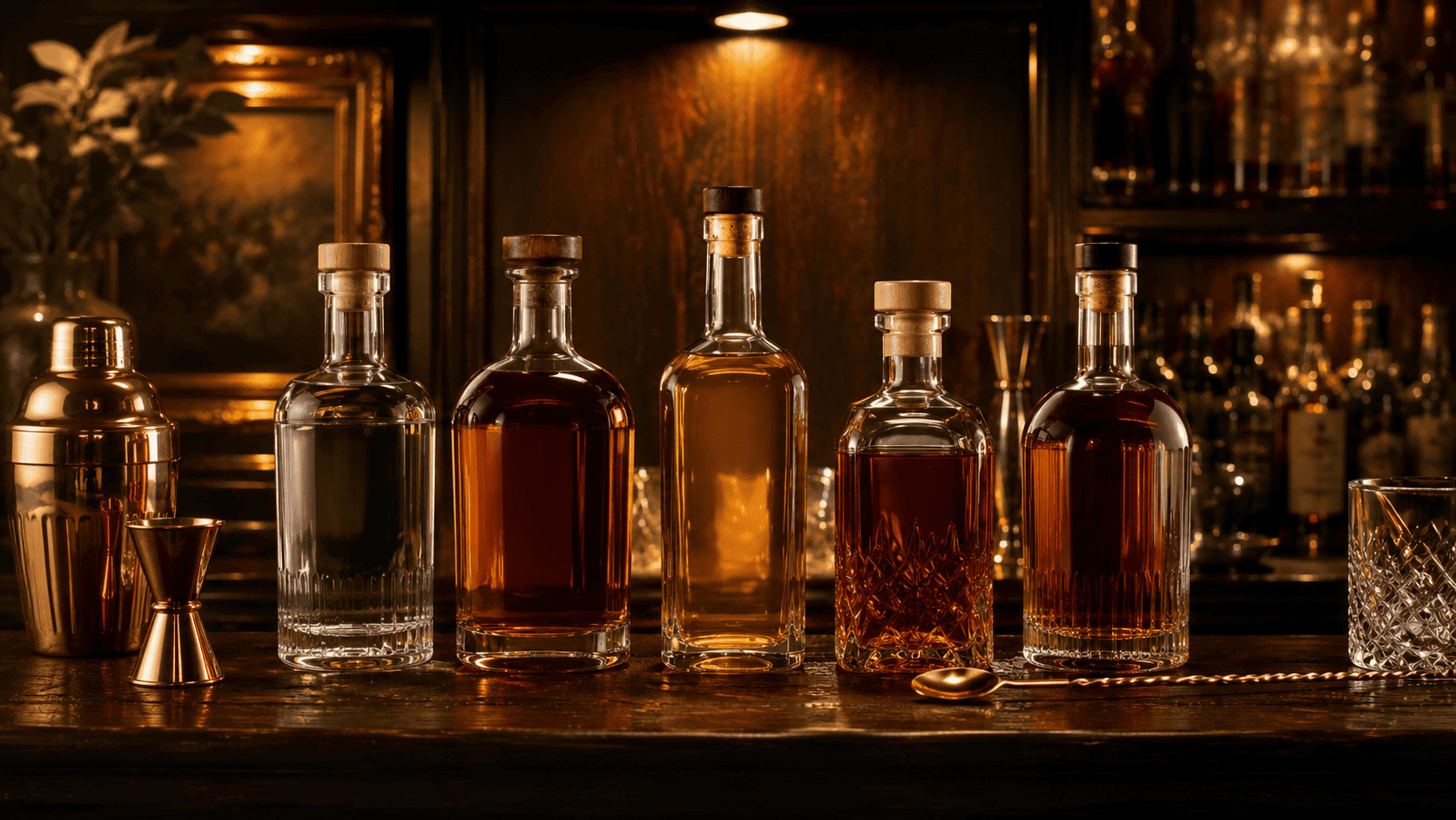 Bouteilles de spiritueux alignées pour préparer des cocktails