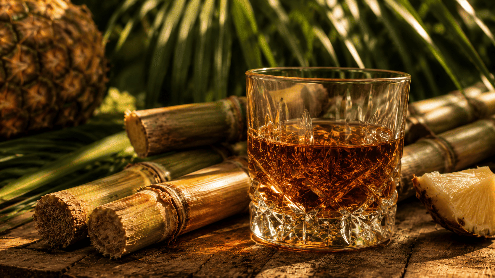 Bouteille de rhum Isautier avec verre ambre au soleil